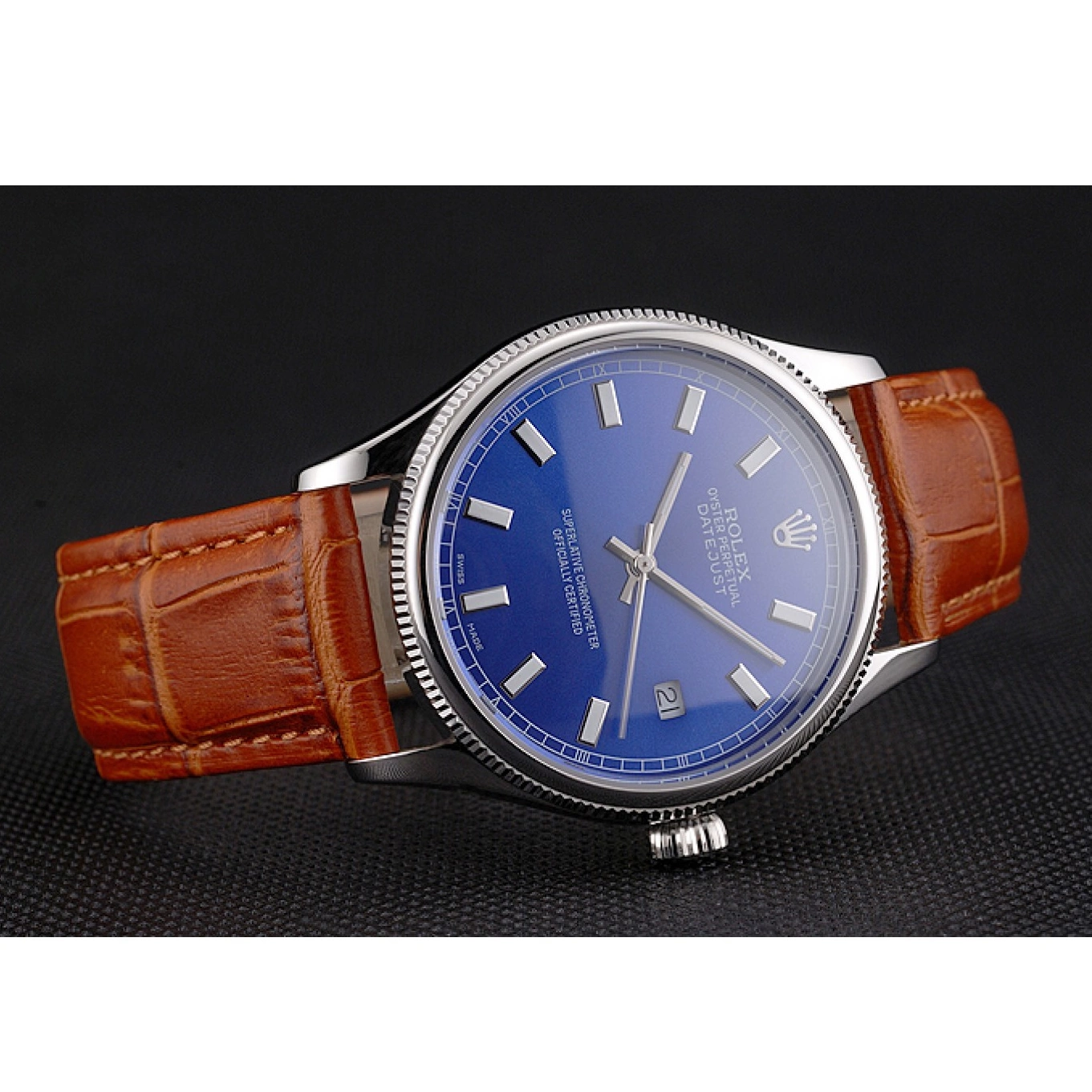 Aaa replica watch Leather Dial Datejust Blue Case Steel Swiss Stainless Light Brown Strap Rolex 0719